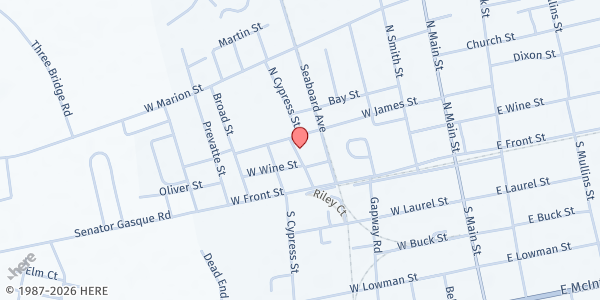 Map showing New Birth Deliverance Ministry at 212 Clark Street, Mullins, SC