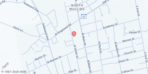 Map showing New Ebenezer AME Church at 528 N. Smith St., Mullins, SC