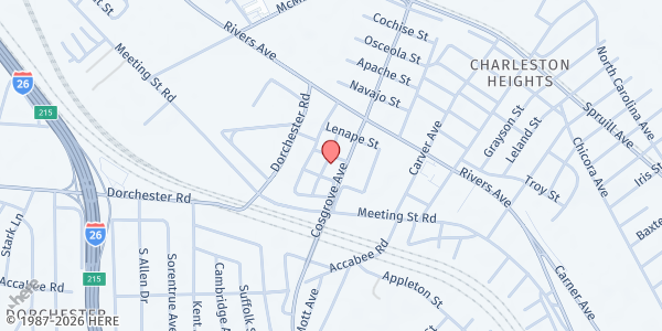 Map showing Rehoboth Full Gospel Ministry at 2121 Captain Ave., North Charleston, SC