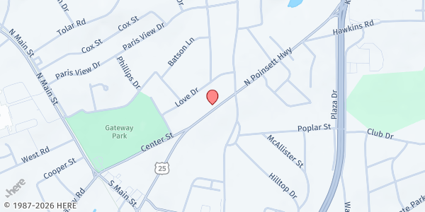 Map showing Resurrection Power Ministries at 121 North Poinsett Highway, Travelers Rest, SC