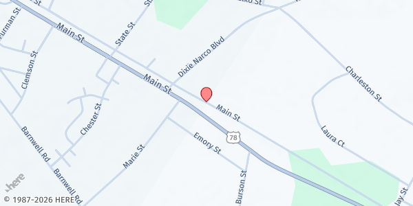 Map showing Williston Church of Christ at 1040 E. Main St., Williston, SC