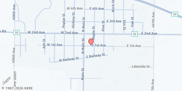Map showing City Maintenance Garage at 105 E 1st Ave., Avon, SD
