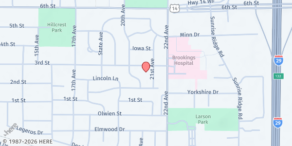 Map showing Ascension Lutheran Church at 2030 3rd St., Brookings, SD