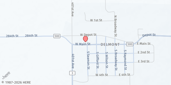 Map showing Feeding SD at Zion Lutheran at 101 Seaman, Delmont, SD