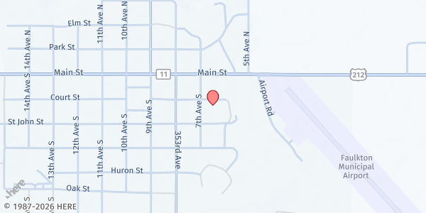 Map showing Feeding SD - Faulkton Distribution Site at 605 Court Street, Faulkton, SD