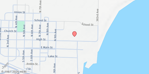 Map showing Andes Central High School at 1001 High St., Lake Andes, SD
