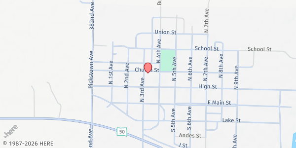 Map showing Celebrate Community Church of Lake Andes at 150 N 3rd Ave, Lake Andes, SD