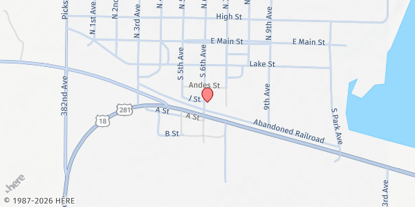 Map showing Lake Andes Baptist Church at 209 S 6th Ave, Lake Andes, SD