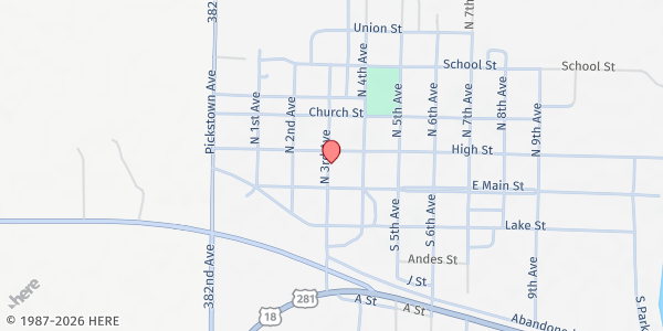 Map showing ROCS Food Pantry Lake Andes at 58 N 3rd Ave., Lake Andes, SD