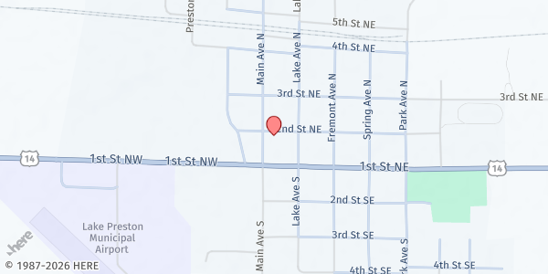 Map showing Lake Preston United Methodist at 105 2nd St NE, Lake Preston, SD