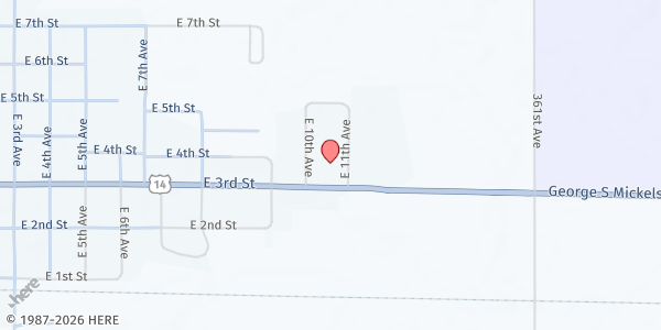 Map showing New Beginnings Worship Center at 1123 E 3rd St, Miller, SD
