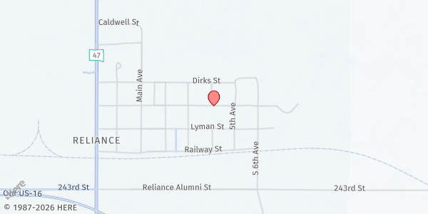 Map showing Feeding SD at Reliance Town Hall at 405 E Chamberlain St, Reliance, SD