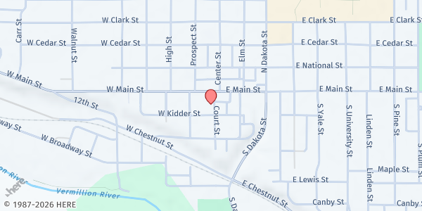 Map showing Vermillion Community Food Pantry at 9 Court St., Vermillion, SD