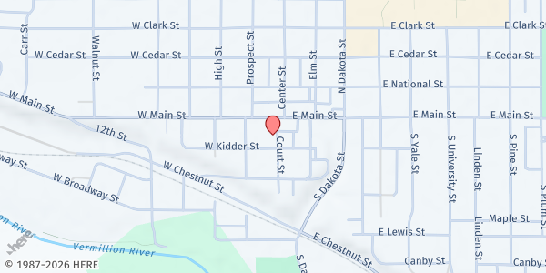 Map showing Vermillion Food Pantry at 9 Court St., Vermillion, SD