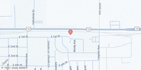 Map showing First Reformed Church at 601 E 1st St, Volga, SD