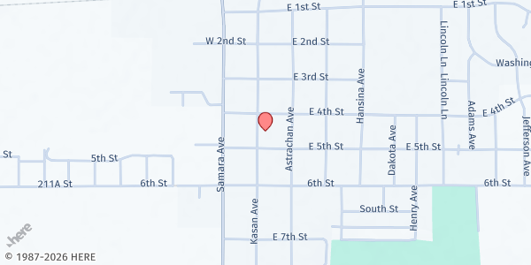 Map showing Volga Christian Reformed Church at 412 Kasan Ave, Volga, SD