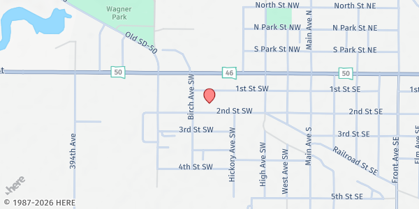Map showing United Methodist Church at 406 1st St SW, Wagner, SD