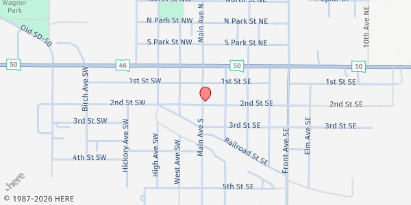 Map showing Wagner Commodity Distribution at 119 2nd St SW, Wagner, SD