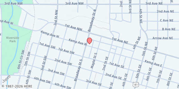 Map showing Watertown Volunteer Center at 1 E Kemp Ave, Watertown, SD