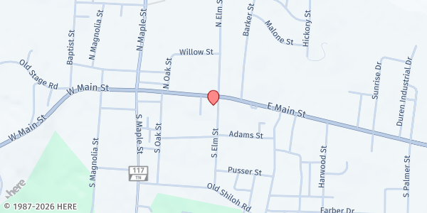 Map showing Adamsville church of Christ at 243 E Main St, Adamsville, TN