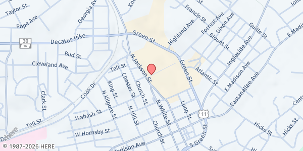 Map showing Tennessee Wesleyan College at 18 Coach Farmer Drive, Athens, TN