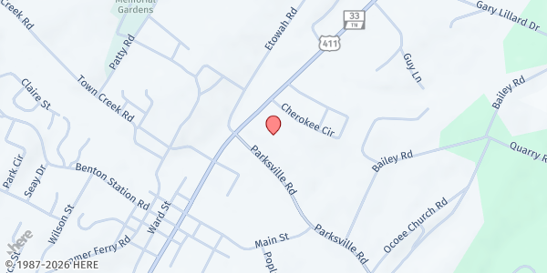 Map showing Benton First Baptist Church at 2498 Parksville Rd, Benton, TN