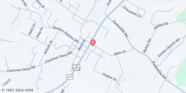Map showing Polk County Baptist Association at 146 East Main Street, Benton, TN