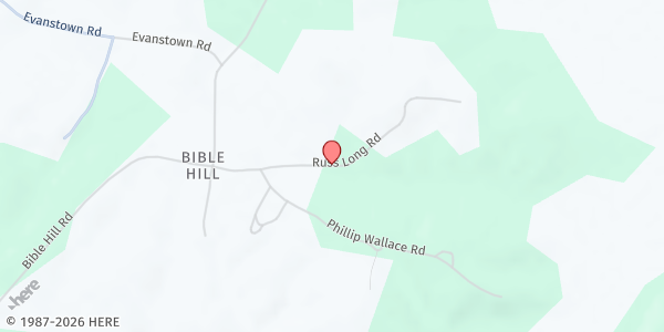 Map showing Bible Hill Baptist Church Food Pantry at 71 Russ Long Rd., Bible Hill, TN