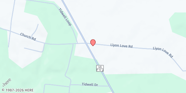 Map showing Helping Hands of Hickman County Main Location at 10515 Ligon Love Road, Bon Aqua, TN
