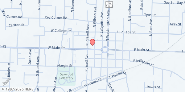 Map showing Brownsville Baptist Church at 5 N. Wilson Avenue, Brownsville, TN