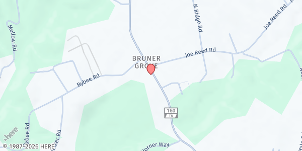 Map showing Bybee UMC at 1577 Highway 160, Bybee, TN