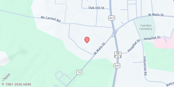 Map showing Benton Co. Ministerial Alliance at 110 Armory Ave, Camden, TN