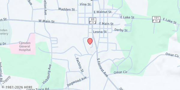 Map showing New Beginnings Ministry - Perishable Distributions at 136 College Ave., Camden, TN