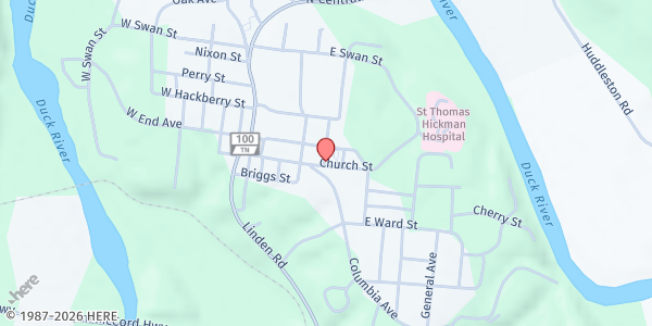 Map showing First Baptist Church at 123 Church St, Centerville, TN