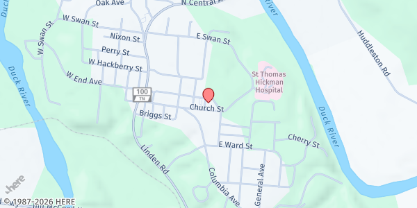 Map showing Hickman Cares Food Pantry at 123 Church Street, Centerville, TN
