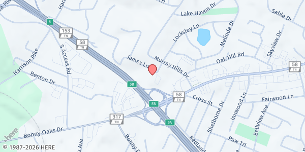 Map showing Red Bank Community Food Pantry at 4300 Locksley Ln., Chattanooga, TN