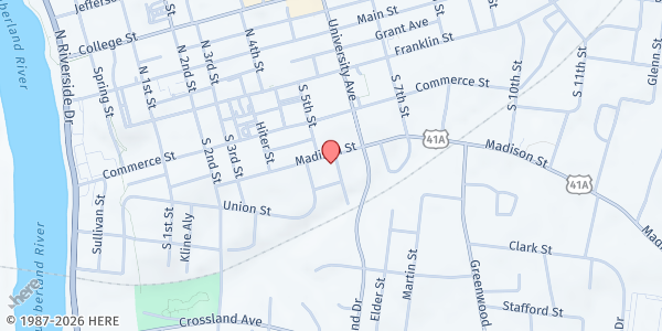 Map showing First Christian Church - Clarksville at 516 Madison Street, Clarksville, TN