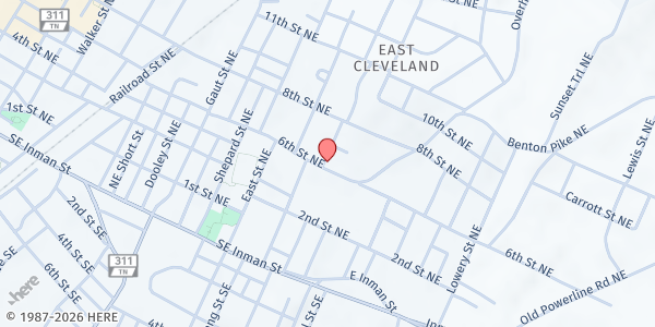 Map showing New Life Bible Church Community Kitchen at 943 6th St N.E., Cleveland, TN