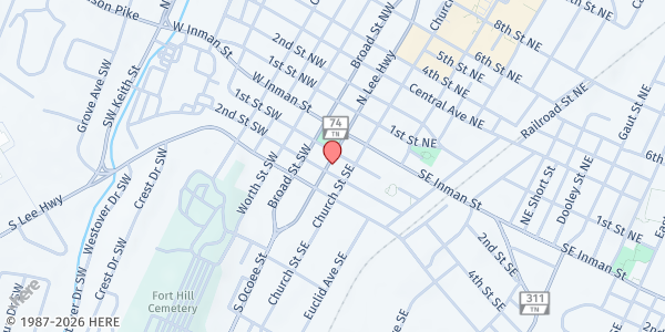 Map showing New Life Bible Church Community Kitchen at 155 S. Ocoee St, Cleveland, TN