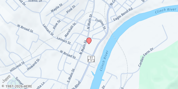 Map showing First Baptist Clinton at 225 North Main Street, Clinton, TN