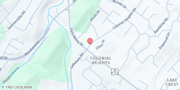 Map showing Colonial Heights Baptist Church at 108 Colonial Heights Rd., Colonial Heights, TN