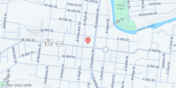 Map showing Columbia First United Methodist Church at 222 W. 7th Street, Columbia, TN
