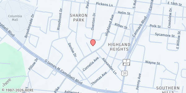 Map showing Grace Church of the Nazarene at 2302 Highland Avenue, Columbia, TN