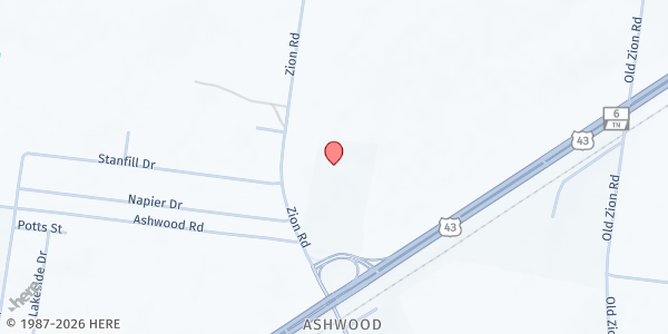 Map showing New Song Baptist Church at 2585 Zion Rd, Columbia, TN