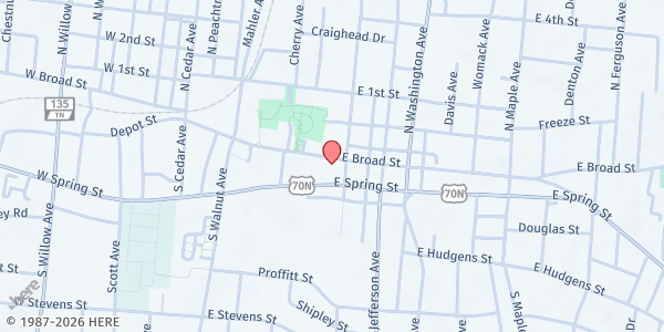 Map showing First United Methodist Church - Cookeville at 165 East Broad St., Cookeville, TN