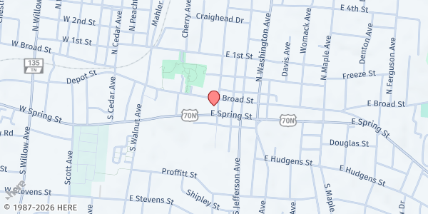 Map showing First United Methodist Church - God's Grace Food Pantry at 165 East Broad St., Cookeville, TN