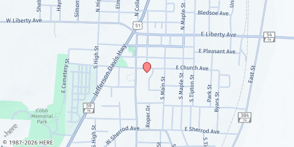 Map showing First United Methodist Church - Fellowship Hall at 145 W. Church Avenue, Covington, TN