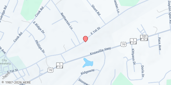 Map showing Church of God food at 1312 E First St., Crossville, TN