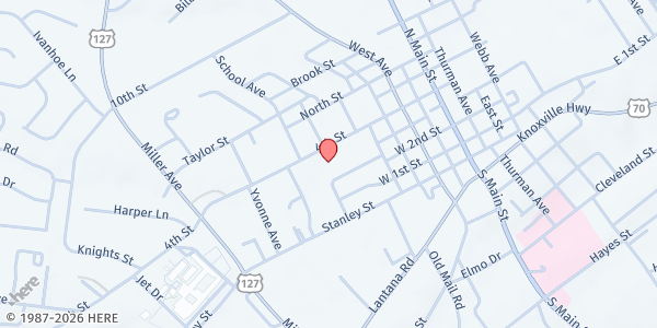 Map showing Mission Food Pantry at 281 4th St, Crossville, TN