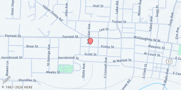 Map showing Dyersburg Christian Center at 824 Finley Street, Dyersburg, TN
